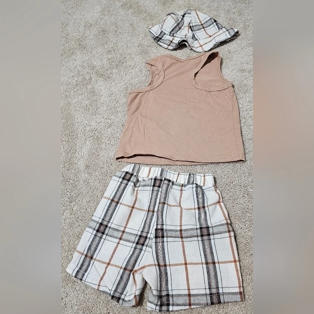 3pcs Baby Boys Cute Camera Graphic Print Tank Top & Plaid Shorts & Fisherman Hat